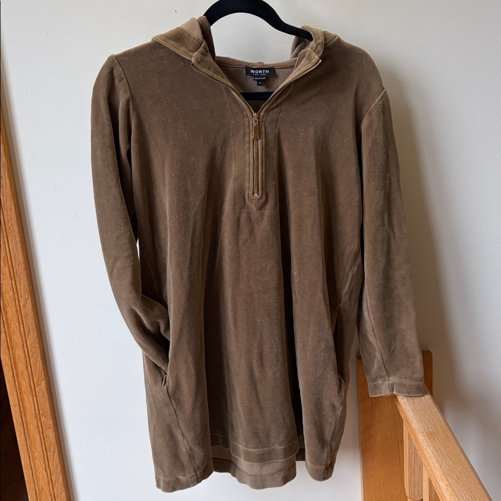 Worth Velour Velvet Tunic Length Hoodie w Quarter Zip Neck & Pockets XS